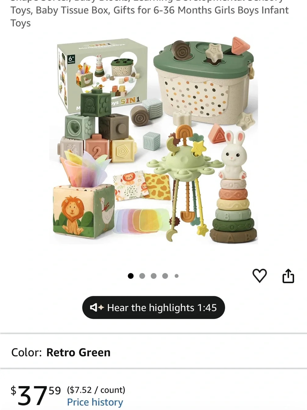 Retro Green Baby Stacking & Sensory Toy Set for Toddlers